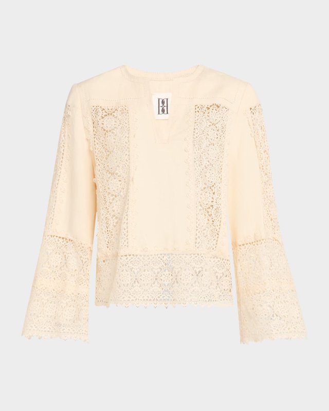 Donna Lace Inset Linen-Cotton Blouse